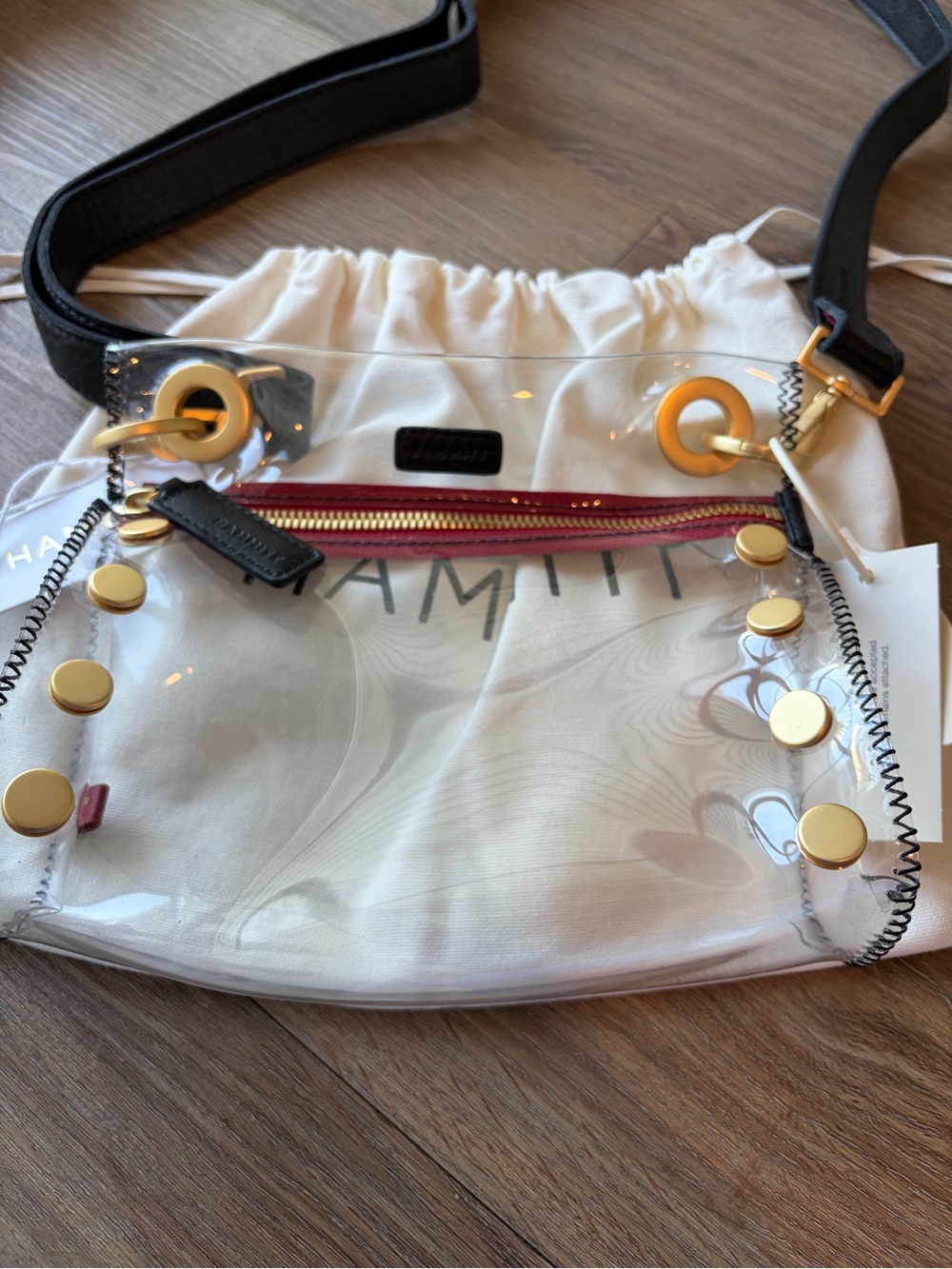 Hammitt Small Tony in Clear Black/Brushed Gold Red Zip - Picture 2 of 3